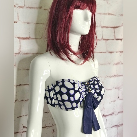 ST. JOHN Pebble Size 6 Bandeau & Halter Tie Embellished Swim Top Navy & White - Picture 14 of 15
